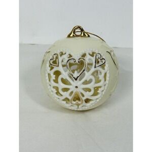 Elegant Round Ivory & Gold Heart Ceramic Reticulated Christmas Ornaments By Ganz